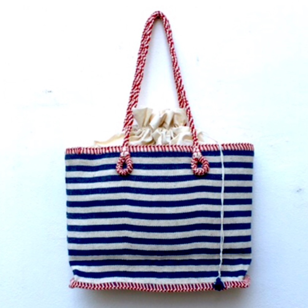 STRIPED TOTE : INDIGO WITH RED ACCENT